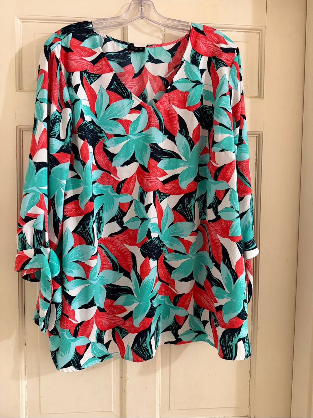 Talbots Floral V-Neck Blouse - Teal, Coral & Black
